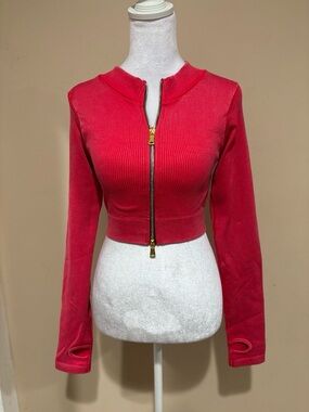 Daisy Red Ribbed Cropped Zip Sweatshirt